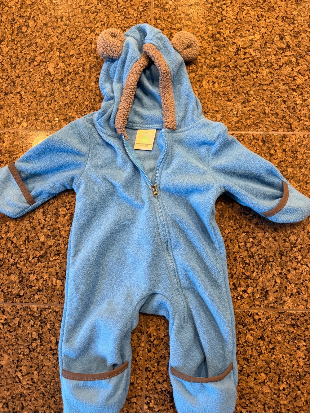 Cozy Blue Fleece Baby Bodysuit with Hood and Ear Detail